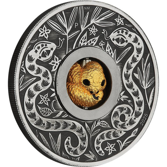 2025 Year Of The Snake Rotating Charm 1oz Silver Antiqued Coin